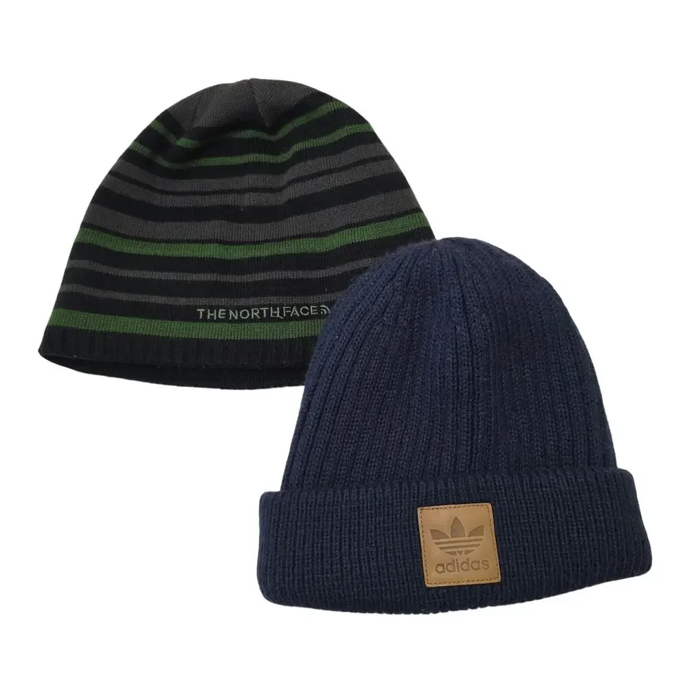 Adidas Originals Knit Beanie Navy OSFA + The North Face Striped Youth Beanie Set